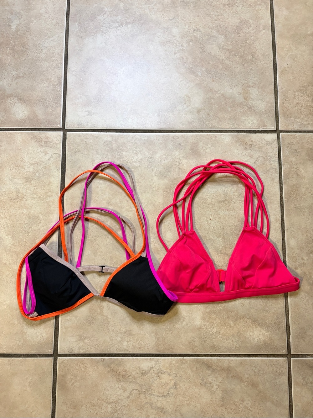 Neon Strappy Bikini Tops - Black with Neon Trim & Hot Pink